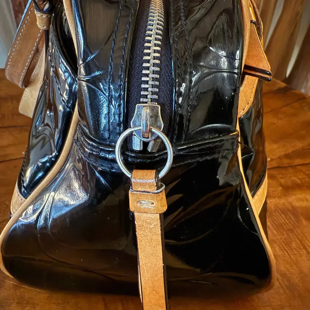 Coach Peyton Signature Embossed Patent Leather Satchel Black/Tan